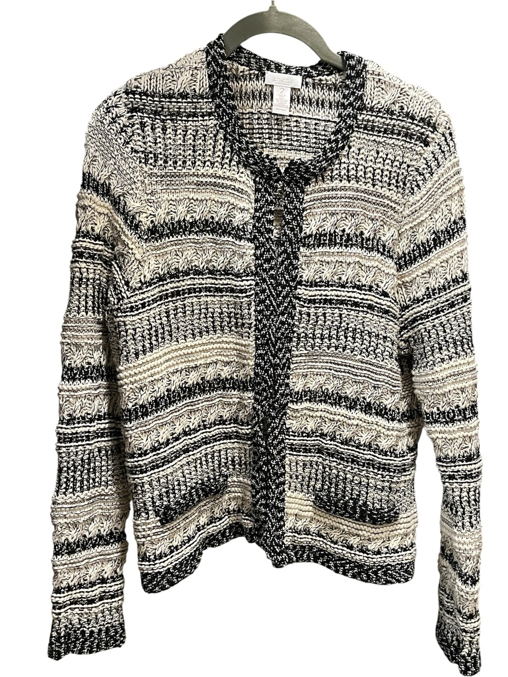 Chico's Black/Cream Textured Open-Front Cardigan w Hook & Eye Closures Size M/L